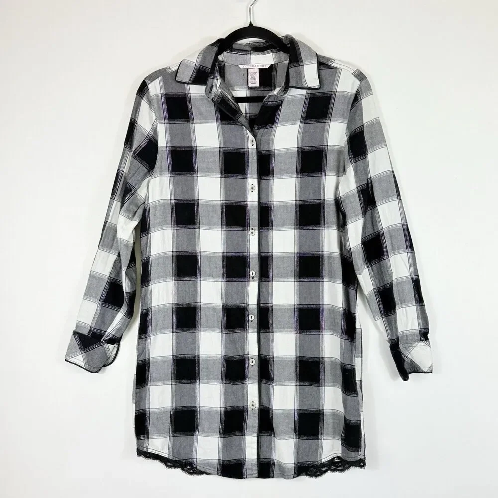 Victoria's Secret Night Shirt Womens XS Black White Plaid Oversized Sleep Top